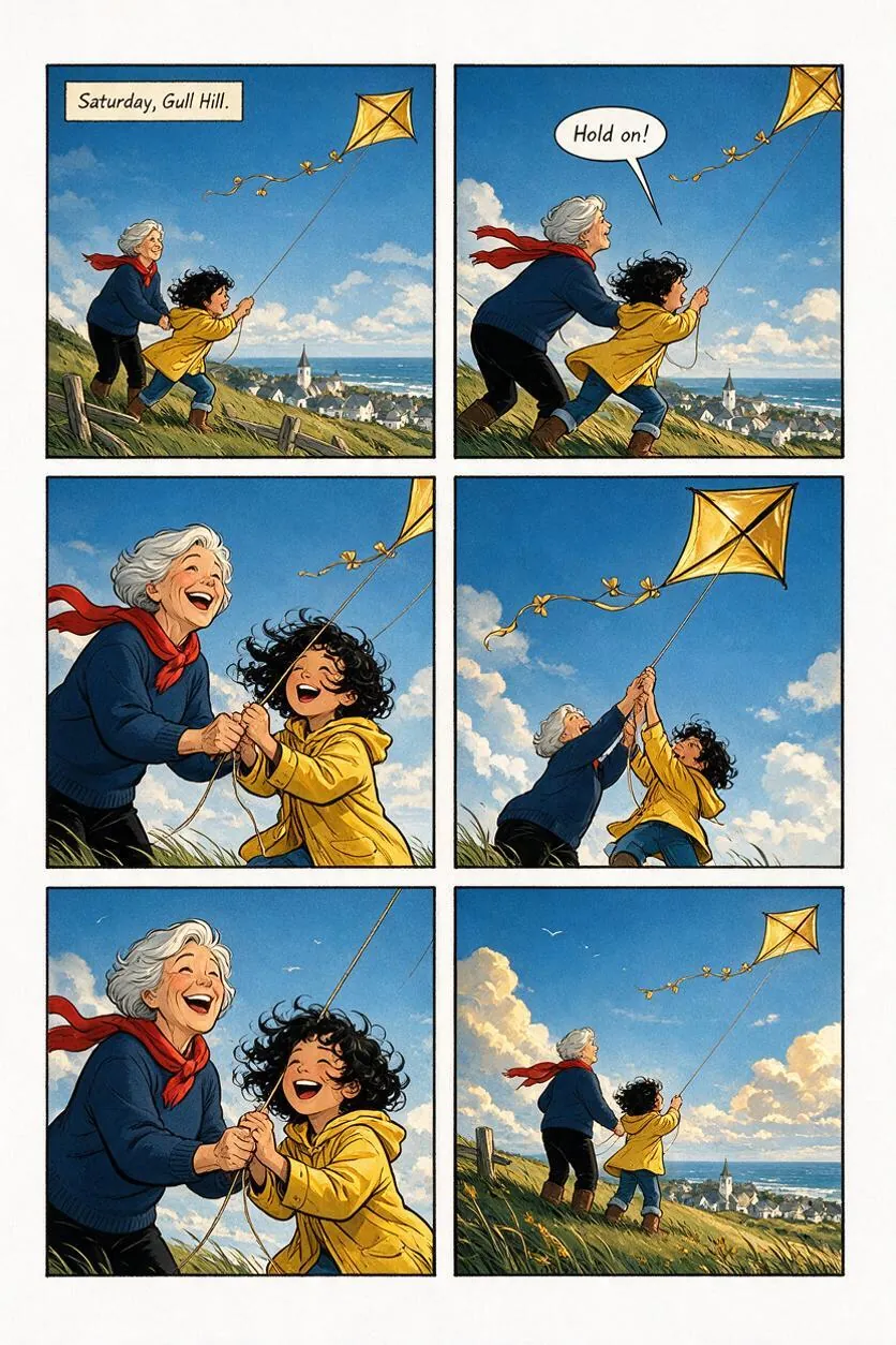A six-panel comic page: a grandmother and a child fly a yellow kite on a windy hill by the sea.