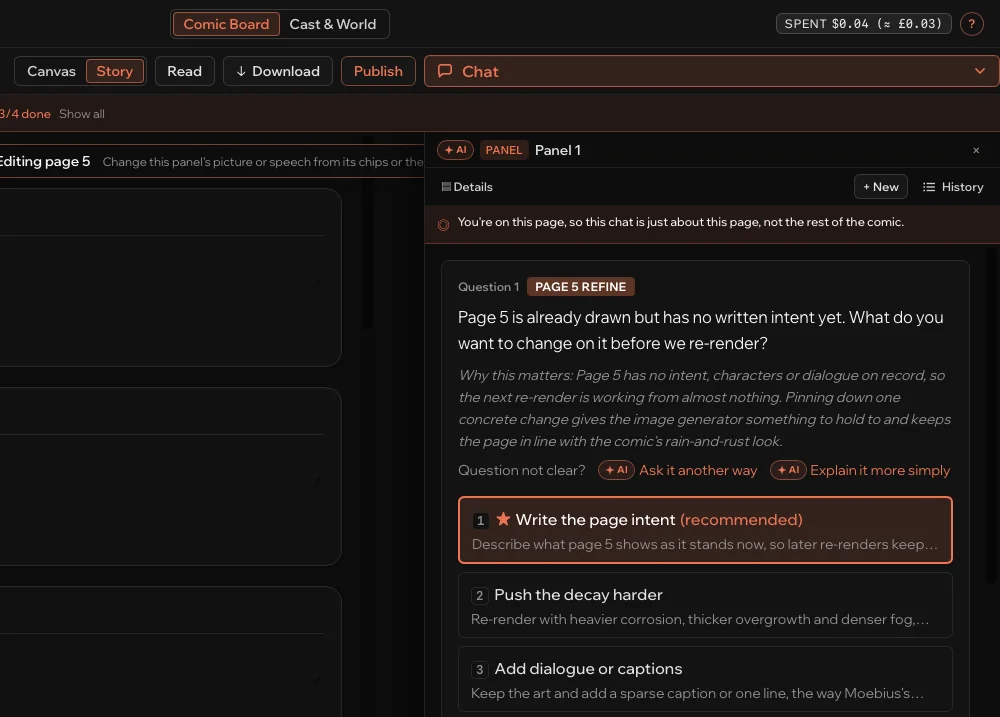 The Story view beside the helper chat, which asks what should change on page 5 and offers four options with one recommended.