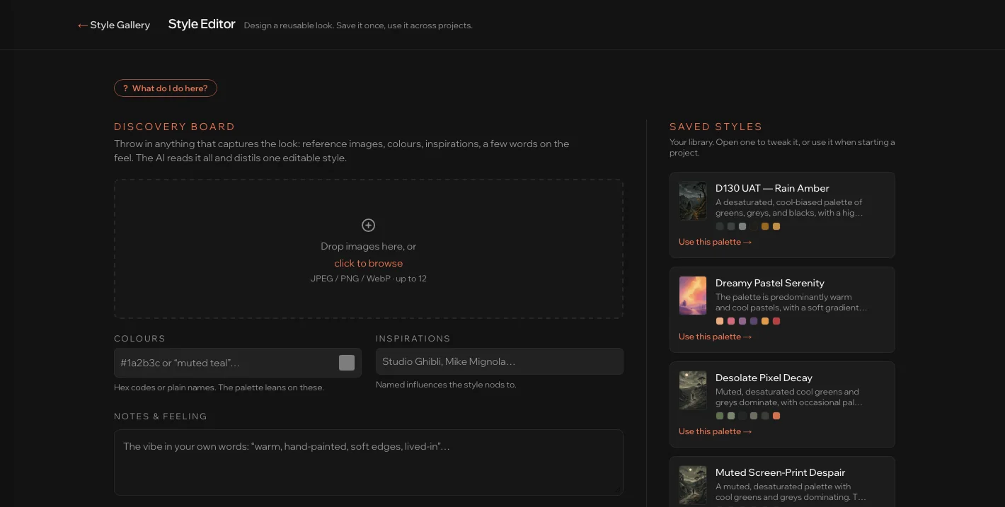 The Style Editor's discovery board: drop in reference pictures, colours, inspirations and notes, with saved styles listed beside it.
