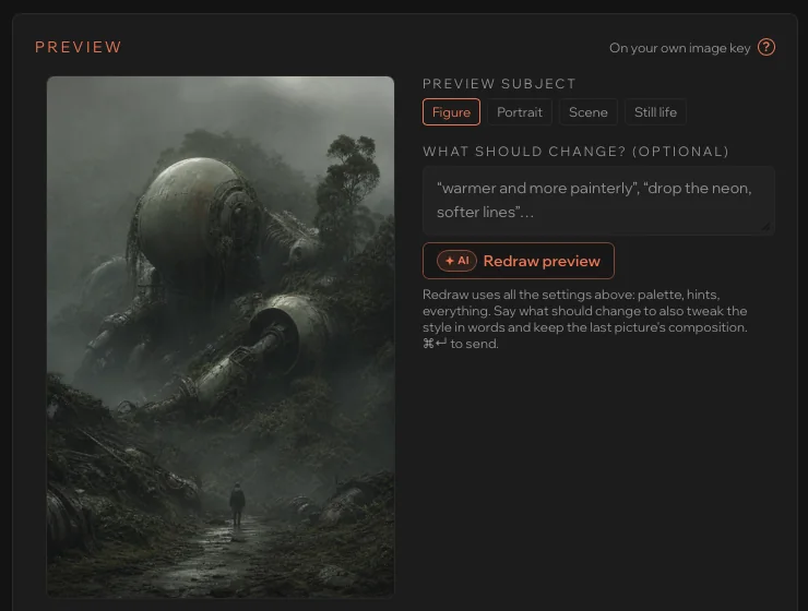 The style's preview picture, a misty wrecked machine in a forest, with options to redraw it as a figure, portrait, scene or still life.