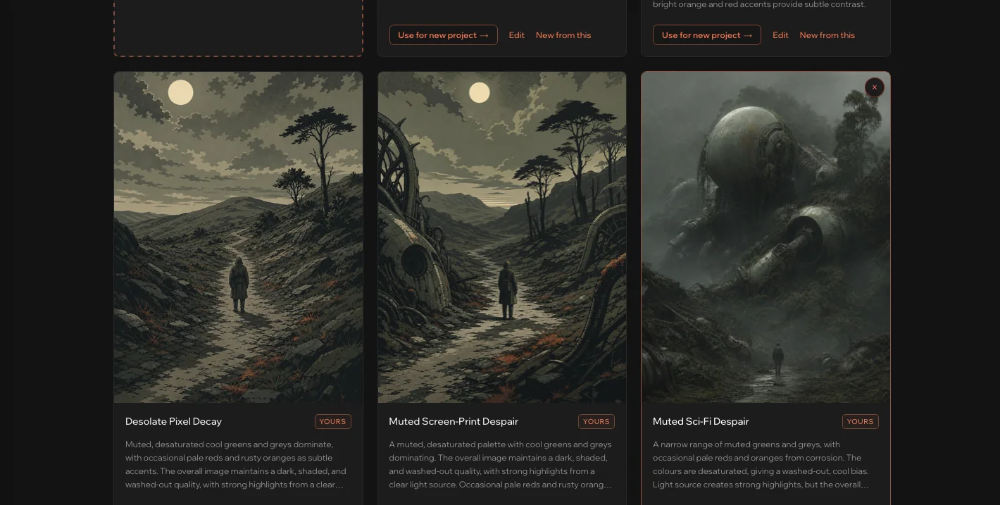 Three saved styles in the Style Gallery, each with a sample picture and buttons to use it, edit it or make a new style from it.